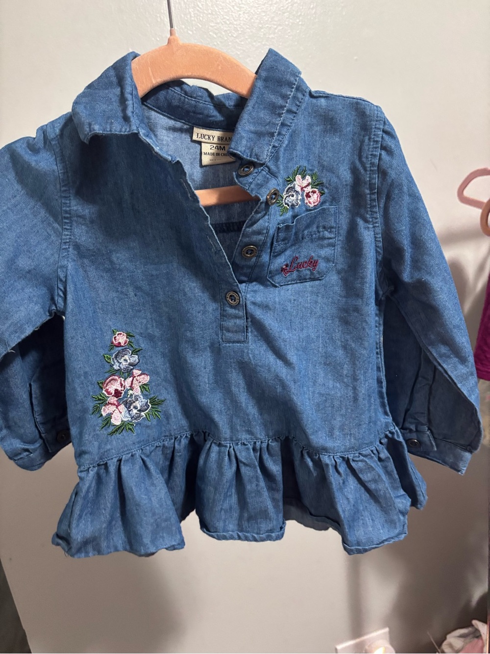 Lucky Brand Blue Denim Tunic with Floral Embroidery